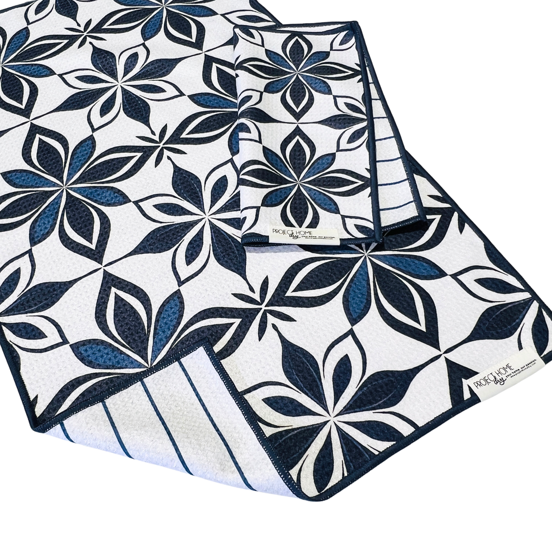 Navy Tiles | Waffle Weave Microfiber Towels Kitchen & Bath Hand Towels Reversible Hand Towel | Towel Collective | Cody, WY