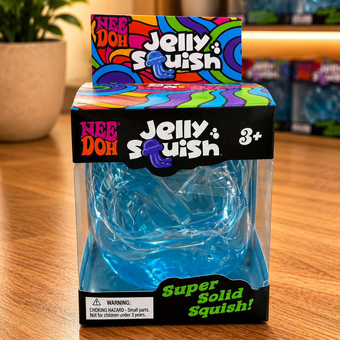 Jelly Squish toy packaging with colorful design on a wooden surface