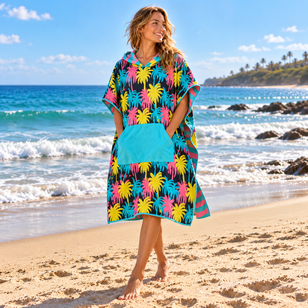 Neon Palm Hooded Towel Poncho | Reversible Microfiber Changing Poncho