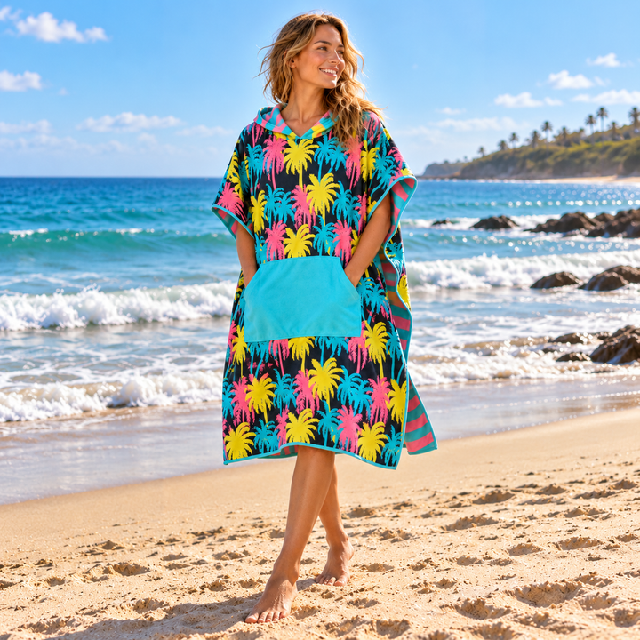 Neon Palm Hooded Towel Poncho | Reversible Microfiber Changing Poncho
